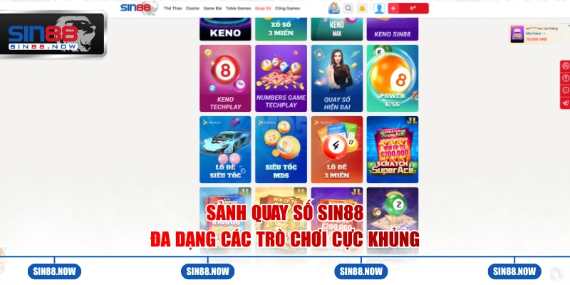 Sảnh quay số Sin88 đa dạng các trò chơi cực khủng